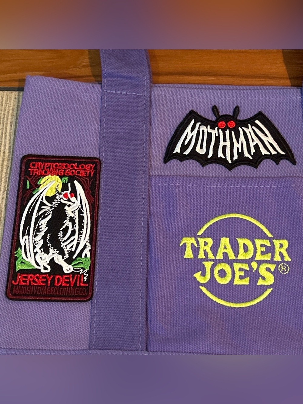 Upcycled Trader Joe's Purple Canvas Tote with Cryptid Patch Accents - Picture 2 of 5